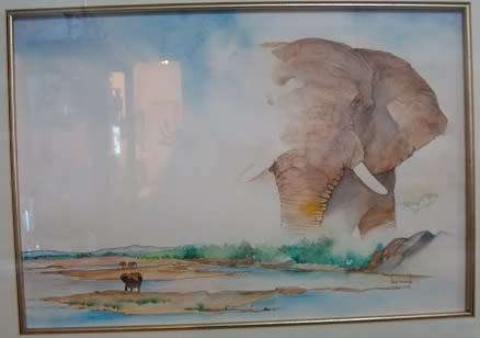 Original Water Color Elephant Bull by Lad Kalondo Framed