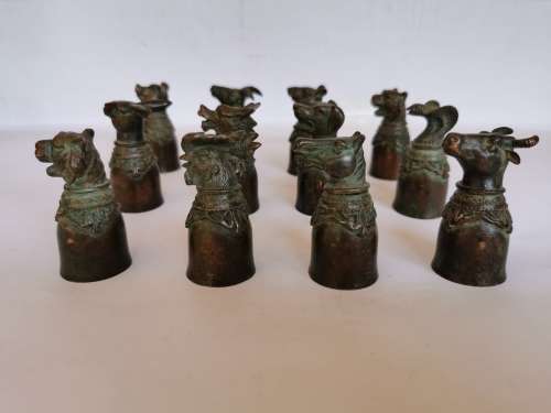 Rare Eastern Ancient Chinese bronze chalice with base zodiac animals