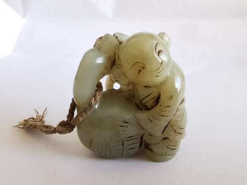 Antique Chinese Late 19th century Hotan jade carving - boy holding goose(Hong yun dang tou)
