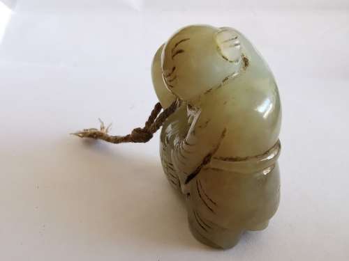 Antique Chinese Late 19th century Hotan jade carving - boy holding goose(Hong yun dang tou)
