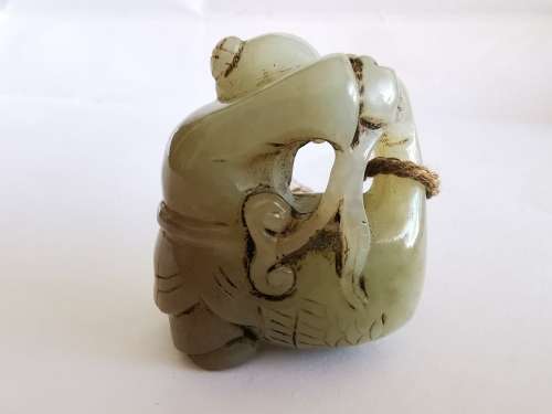 Antique Chinese Late 19th century Hotan jade carving - boy holding goose(Hong yun dang tou)