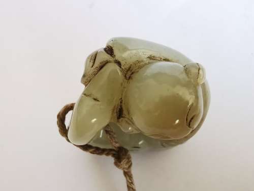 Antique Chinese Late 19th century Hotan jade carving - boy holding goose(Hong yun dang tou)