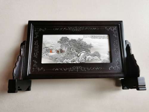 Vintage Chinese Porcelain Panel Painting Ornament with Picture and Poetry
