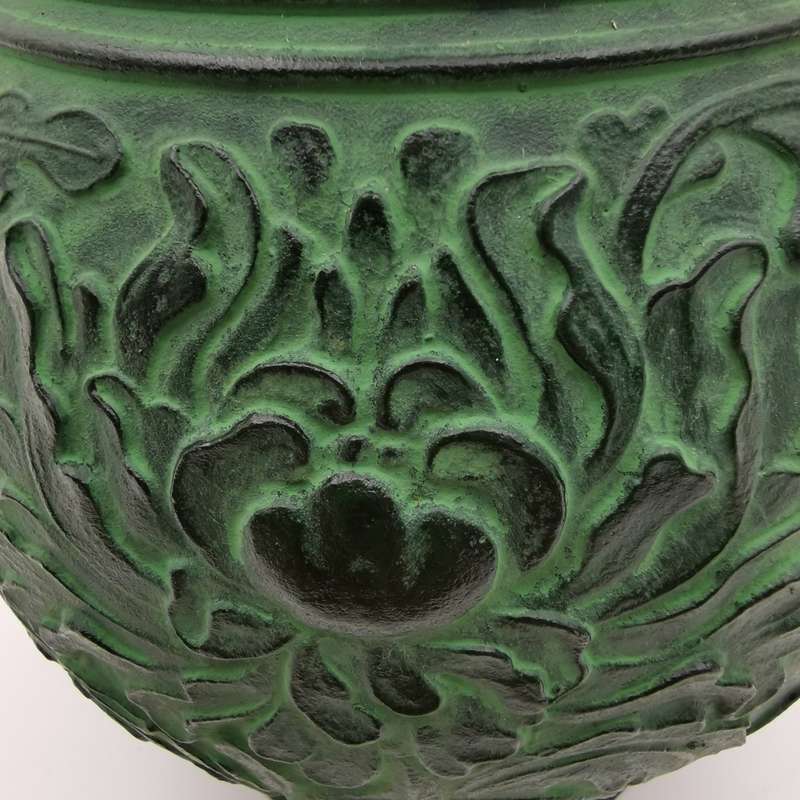 SOLID BRONZE ANTIQUE CHINESE VASE WITH RAISED RELIEF DECORATION.