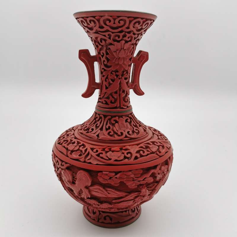 Finely Carved Vintage Chinese red Cinnabar Vase with beautiful floral and Characters design(1950-196