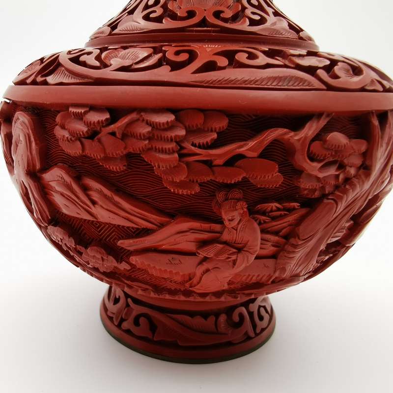 Finely Carved Vintage Chinese red Cinnabar Vase with beautiful floral and Characters design(1950-196