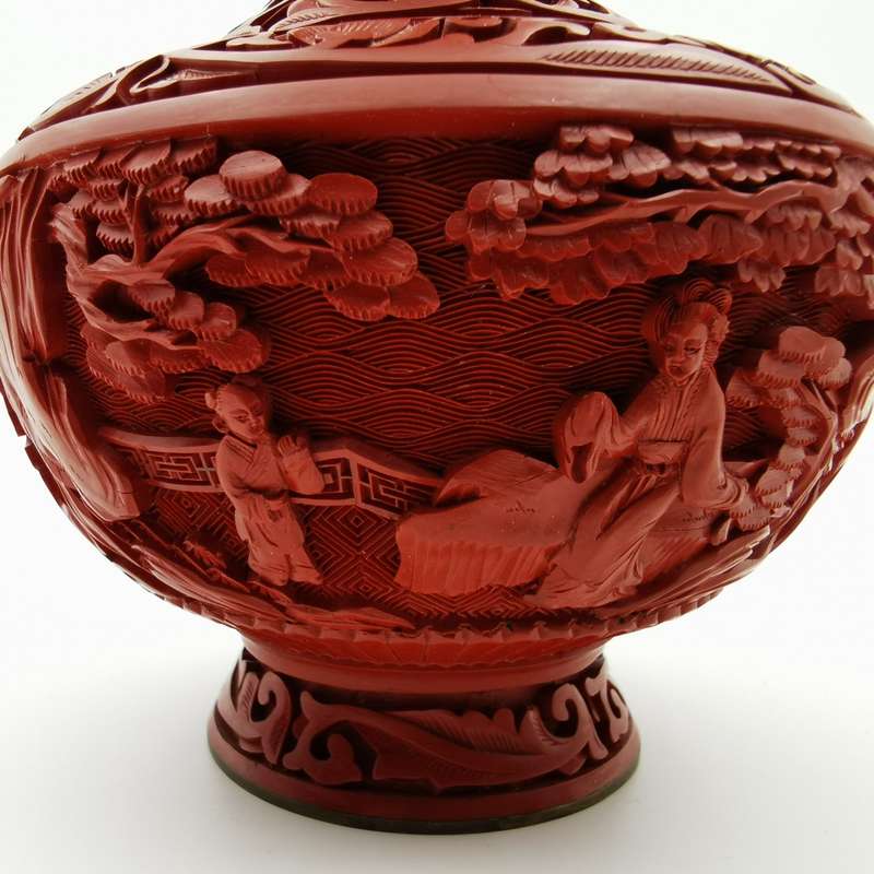 Finely Carved Vintage Chinese red Cinnabar Vase with beautiful floral and Characters design(1950-196