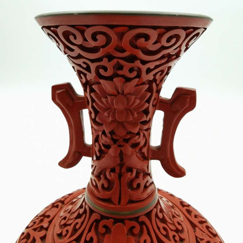 Finely Carved Vintage Chinese red Cinnabar Vase with beautiful floral and Characters design(1950-196