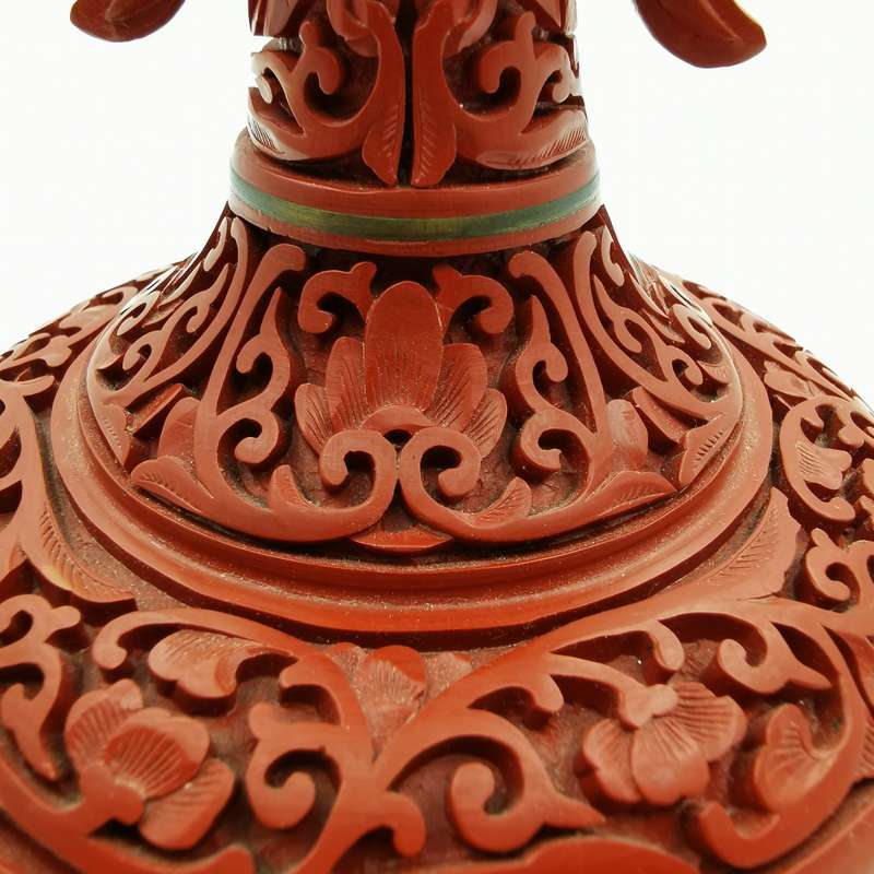 Finely Carved Vintage Chinese red Cinnabar Vase with beautiful floral and Characters design(1950-196