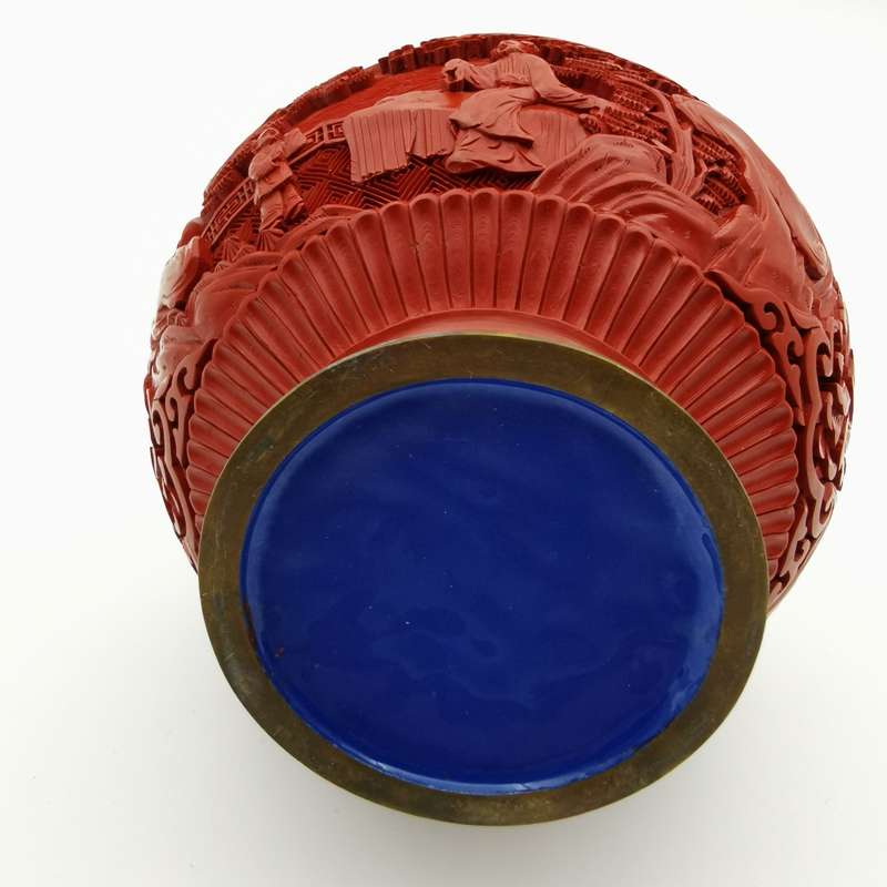 Finely Carved Vintage Chinese red Cinnabar Vase with beautiful floral and Characters design(1950-196