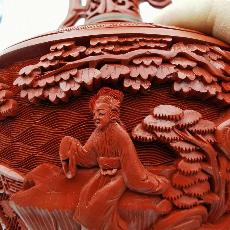 Finely Carved Vintage Chinese red Cinnabar Vase with beautiful floral and Characters design(1950-196
