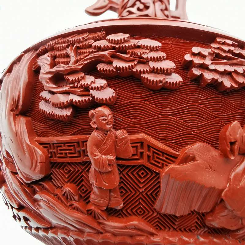 Finely Carved Vintage Chinese red Cinnabar Vase with beautiful floral and Characters design(1950-196