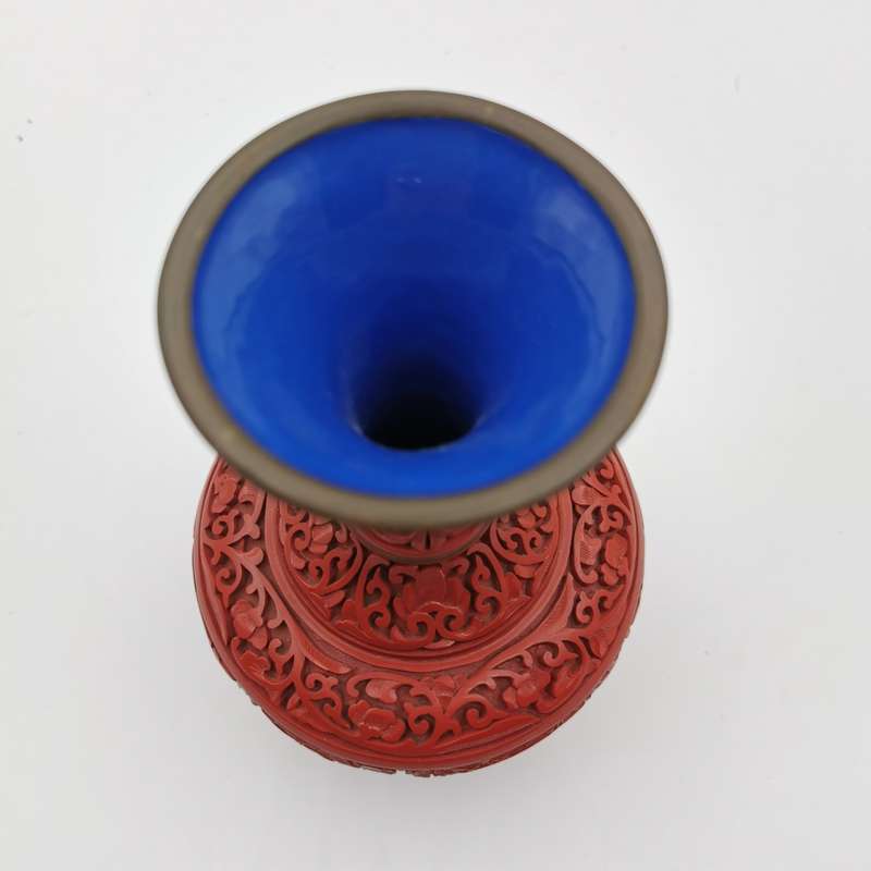 Finely Carved Vintage Chinese red Cinnabar Vase with beautiful floral and Characters design(1950-196