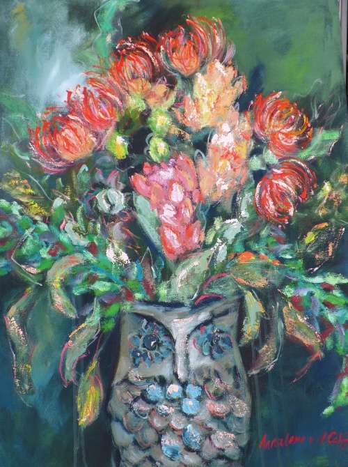 Fynbos flora in an owl vase still life authentic art