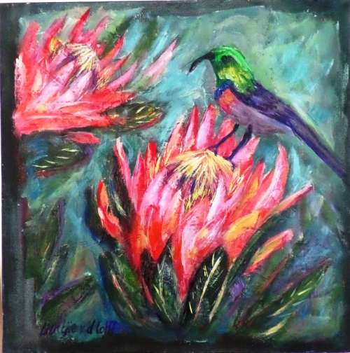 Overberg art - Proteas with sugarbird