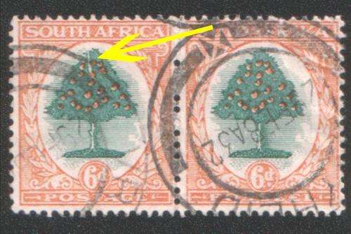 1930 SOUTH AFRICA 6d Split Tree variety inverted Wmk Fine used