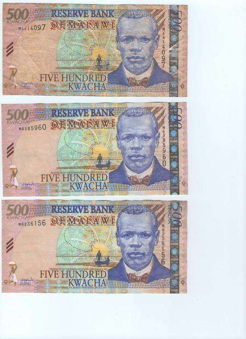 MALAWI 500 KWACHA AS PER SCAN. X 3 NOTES