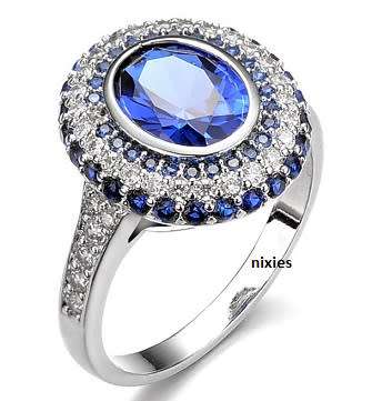 DRAMATIC WHITE GOLD BLUE SAPPHIRE & DIAMOND CZ RING - SIZE 6(N)