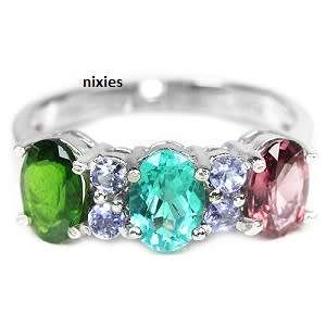 GORGEOUS TANZANITE, GARNET, APATITE & CHROME DIOPSIDE SOLID 925 STERLING SILVER RING - SIZE 8(Q)