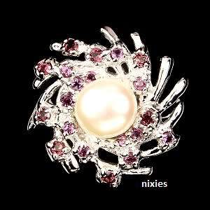 EXTRAORDINARY FRESHWATER PEARL & GARNET 925 STERLING SILVER RING - SIZE 8(Q)