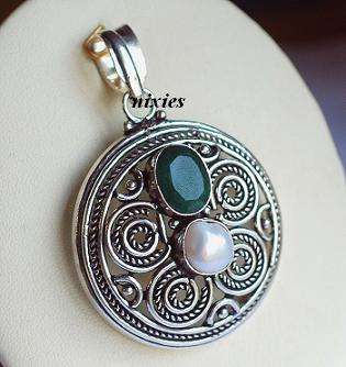 LARGE STYLISH HANDMADE EMERALD & PEARL PENDANT