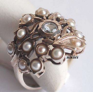 EXTRAORDINARY 925 SOLID SILVER BLUE TOPAZ & PEARL RING - SIZE 7(O)