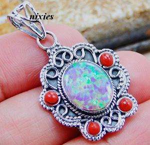 LOVELY FIRE OPAL & CORAL SOLID SILVER PENDANT