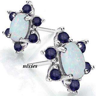 CLASSIC 1.20CT GENUINE SAPPHIRE & SIM OPAL 925 STERLING SILVER EARRINGS