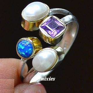 LOVELY SOLID STERLING OPAL, PEARL & AMETHYST RING - SIZE 8.5(R)