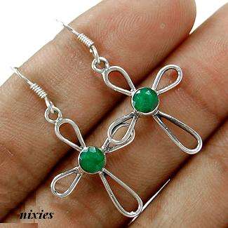 ADORABLE 925 STERLING SILVER CROSS EARRINGS WITH EMERALDS