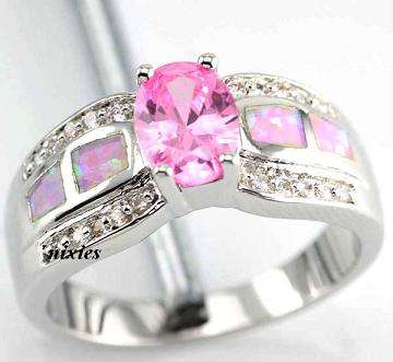 STUNNING FIRE OPAL & SOFT PINK TOPAZ STAMPED 925 STERLING SILVER RING - SIZE 6(M)