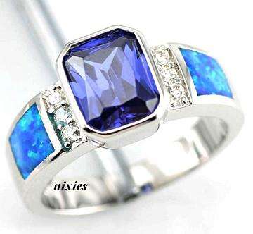 STUNNING FIRE OPAL & TANZANITE STAMPED 925 STERLING SILVER RING - SIZE 7(O)