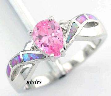 STUNNING FIRE OPAL & SOFT PINK TOPAZ STAMPED 925 STERLING SILVER RING - SIZE 8(Q)