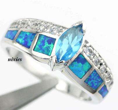 AWESOME FIRE OPAL & BLUE TOPAZ STAMPED 925 STERLING SILVER RING - SIZE 8.5(P)