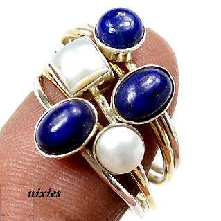 LOVELY SOLID STERLING LAPIS & PEARL RING - SIZE 8.5(R)