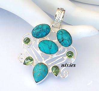 LARGE TURQUOISE & PERIDOT SILVER PENDANT