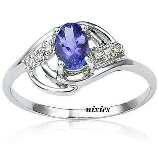 MESMERIZING GENUINE 0.46CT TANZANITE & DIAMOND 925 STERLING SILVER RING - SIZE 7(O)