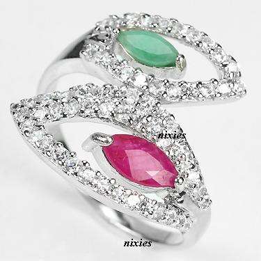 LOVELY 1.09CT GENUINE EMERALD & RUBY 925 STERLING SILVER RING - SIZE 6(M)