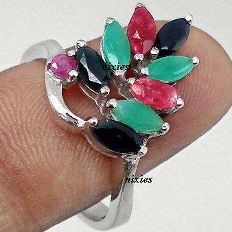 GENUINE RUBY, SAPPHIRE & EMERALD 925 STERLING SILVER RING - SIZE 7.5(P)