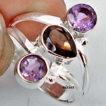 GENUINE AMETHYST & SMOKEY 925 STERLING SILVER RING - SIZE 7(O)