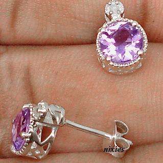 GENUINE DIAMOND & AMETHYST 925 STERLING SILVER EARRINGS STUDS