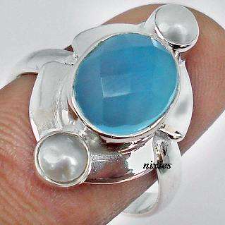 AWESOME PEARL & BLUE CHALCEDONY 925 STERLING SILVER RING - SIZE 7.5(P)