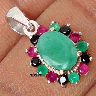 CHARMING 925 STERLING SILVER EMERALD, RUBY & SAPPHIRE PENDANT