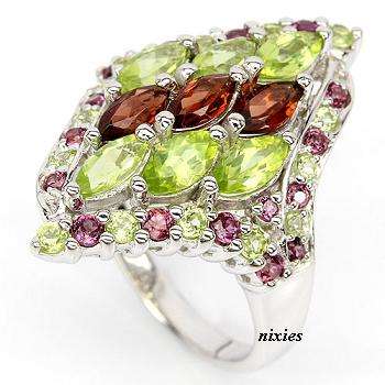 MAGNIFICENT PERIDOT & GARNET 925 STERLING SILVER RING - SIZE 7(O)