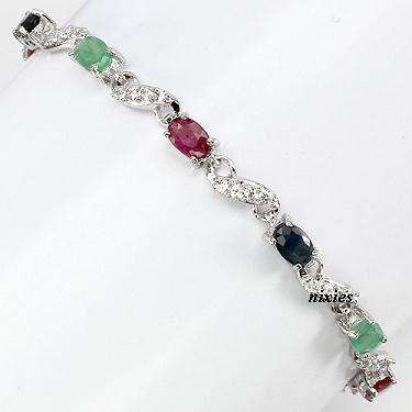 **NEW** LOVELY GENUINE EMERALD, RUBY & SAPPHIRE 925 STERLING SILVER BRACELET