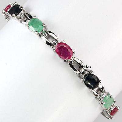**NEW** LOVELY GENUINE EMERALD, RUBY & SAPPHIRE 925 STERLING SILVER BRACELET