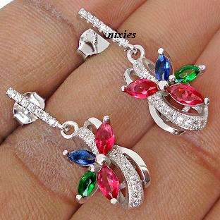 MULTI RUSSIAN EMERALD, RUBY & SAPPHIRE GEM 925 STERLING SILVER EARRINGS