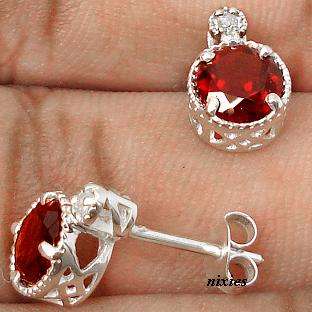GENUINE DIAMOND & GARNET 925 STERLING SILVER EARRINGS STUDS