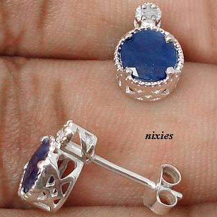 GENUINE DIAMOND & SAPPHIRE 925 STERLING SILVER EARRINGS STUDS