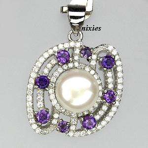 LOVELY SOLID 925 STERLING SILVER PEARL & AMETHYST PENDANT